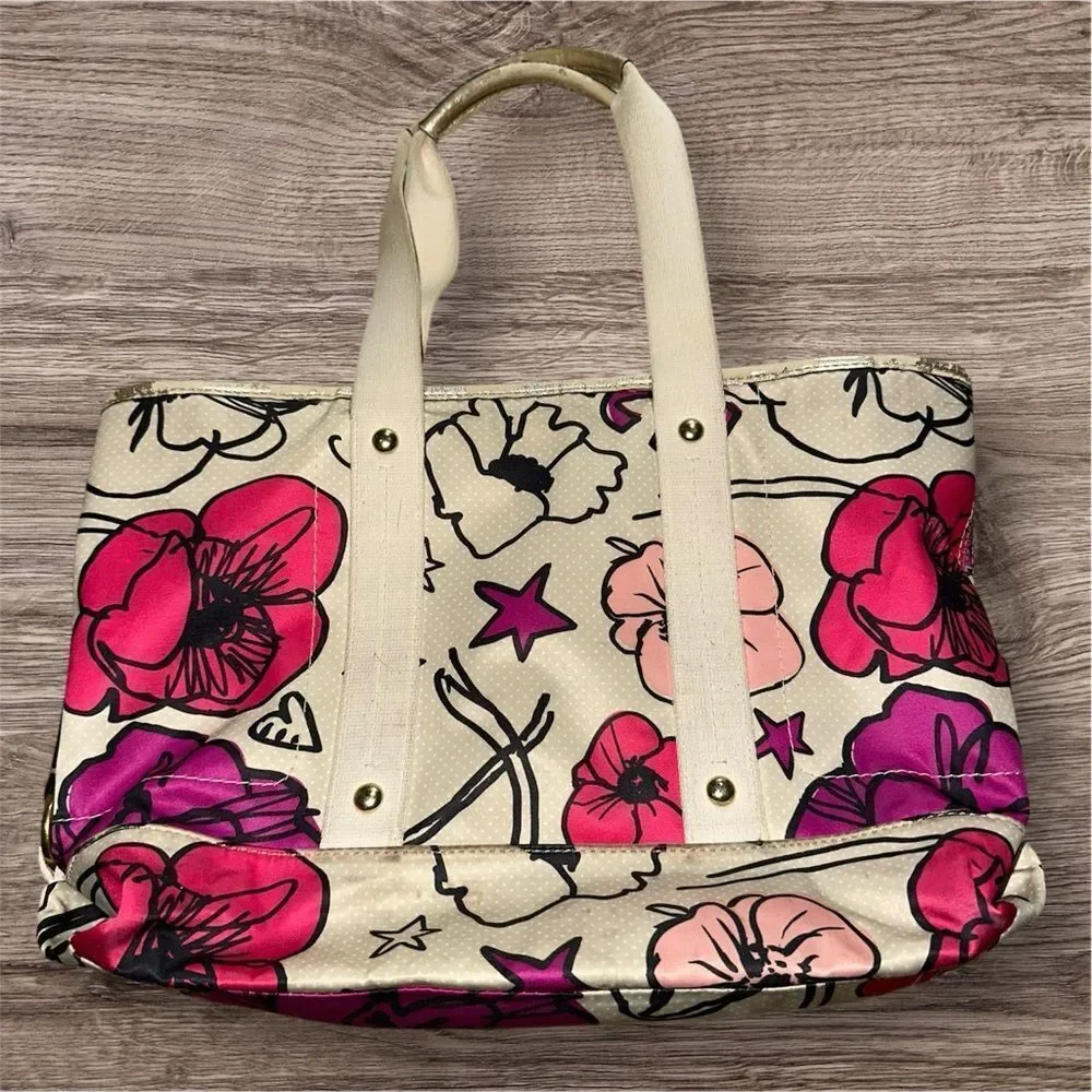 Y2K Coach Creme Floral Print Poppy Kyra Medium Tote Shoulder Bag Glam Girly Boho